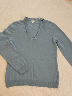 Garnet Hill Casmere Ruffle Neck Sweater Medium Slate Blue Natural Fiber